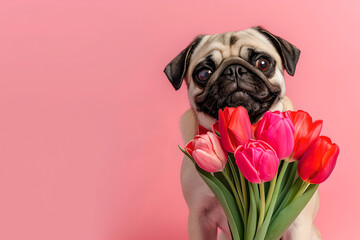happy pug with bouquet of tulips on pink background
