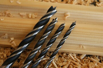 Drills for wood in a carpenter's workshop. High quality photo