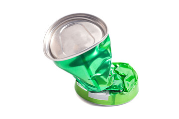 Empty crumpled can from energy drink or beer.