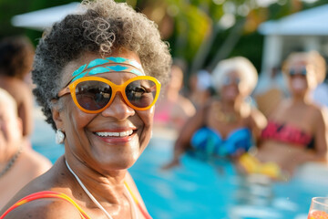 Diverse group of seniors enjoys party by the pool
