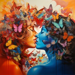 a painting of two women kissing with butterflies in their hair , generated by AI