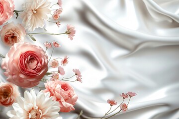Beautiful flowers on paper background against a background of silver fabric