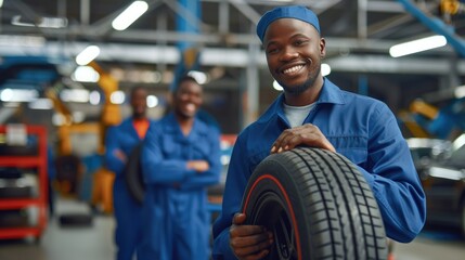 Friendly Mechanic Holding Tire in Auto Repair Shop