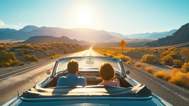 Fototapeta Couple on a Road Trip in a Classic Convertible Car at Sunset