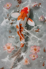 Elegant Koi Fish Swimming Among Cherry Blossoms in Pond