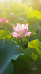 Obraz premium Lotus flower in full bloom, with sunlight filtering through the leaves in the background