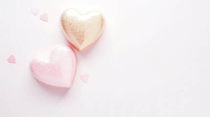 Aesthetic pink and gold hearts on light background. Minimalist love concept. Copy space. Generative AI