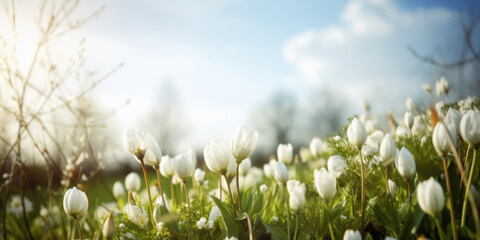 White crocus flowers blooming in meadow on a sunny spring day. White crocuses. First Spring...