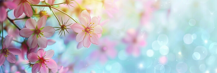 Delicate spring pink flowers on blue blurred background with free copy space