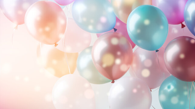 Pastel colored balloons on light bokeh background, Group of pastel party balloons on soft background, Generative AI.