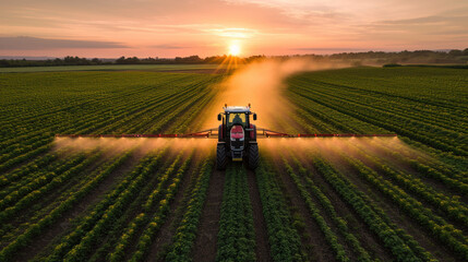 Modern Tractor Spraying Rural Farmland , drone shot