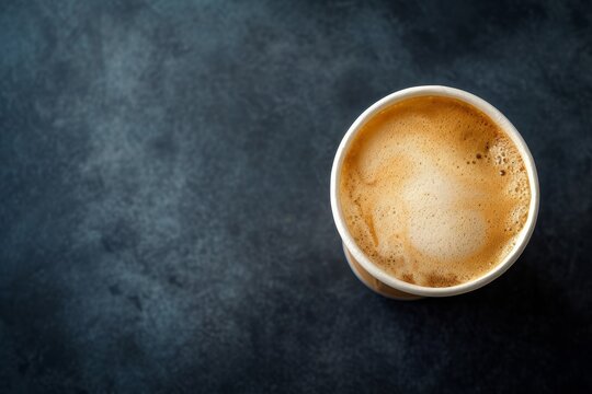 Paper cup of coffee with foam viewed from the top and for one time use