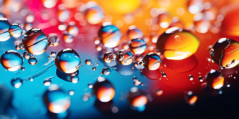 Water drops on colorful background. Abstract macro shot of water drops.