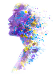 A disappearing colorful paintography double exposure male profile portrait - 734959376