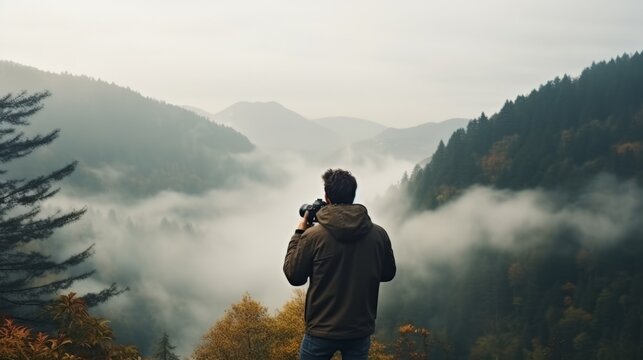 A man, a photographer, takes a picture of the fabulous beautiful nature in the camera lens against the background of an autumn misty mountain during an unforgettable journey.