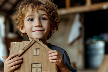 Boy with curly hair holding holding a cardboard house in his hands, his eyes shining with hope. Concept of creativity, children's imagination or housing issues