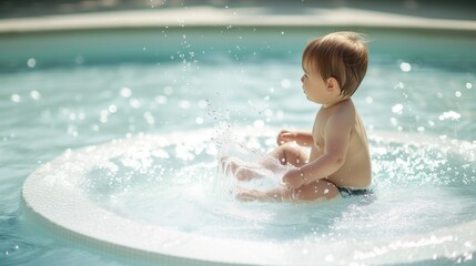 Joyful Toddler Splashing in Sunlit Pool, Perfect for Family and Summer Lifestyle Themes