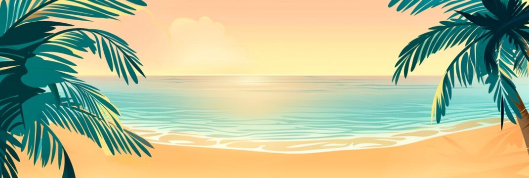 Wide watercolor style background with two palm trees, sea, sandy shore and with free copy space