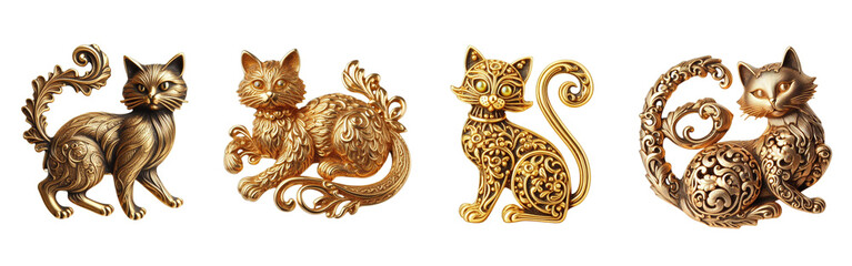 4 Old fashioned cat brooch made of gold with intricate design set against a transparent background - obrazy, fototapety, plakaty