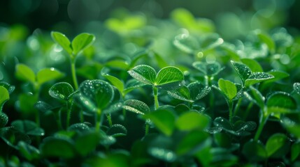 Close-up of vibrant green clover leaves forming a lush background, symbolizing growth and natural freshness. St. Patrick's day concept