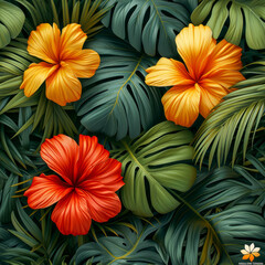 Fototapeta premium Tropical rainforest leaves and flowers as background, ai generated