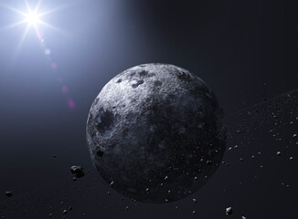 Planet and asteroid. Asteroid rings around a planet. New worlds and galaxies, discoveries of new planets. 3d rendering