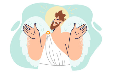 Man with angel wings and luminous halo came down from heaven to help people get on right path