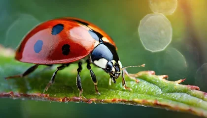 Sierkussen Macro shots, Beautiful nature scene.  Beautiful ladybug on leaf defocused background © blackdiamond67