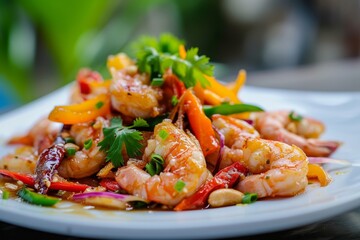 Non spicy Thai food stir fried crispy shrimp with cashews and peppers served on a white plate