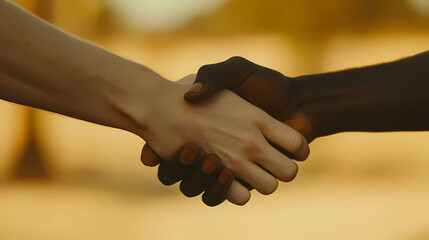 close-up of a multiracial handshake from an african and a caucasian men hand