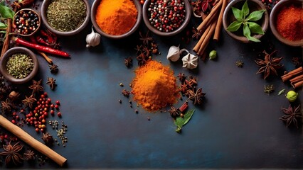 Colorful spice background, top view. Seasonings and herbs for In
