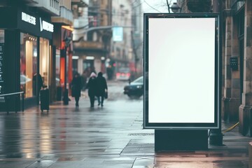 Mockup template of a white outdoor advertising stand Clear street signage board on a pedestrian sidewalk