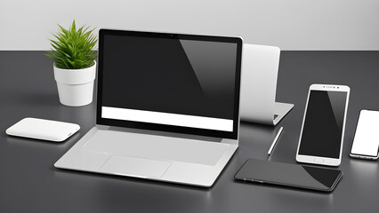 empty mockup laptop computer tablet and mobile phone flat lay detailed and realistic devices