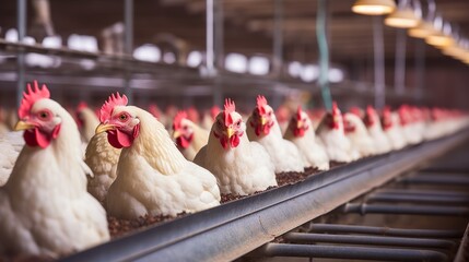 A poultry farm with white chickens and roosters. Meat and egg production, agriculture, industrial business. - obrazy, fototapety, plakaty