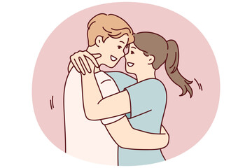 Man and woman in love embrace after long separation, rejoicing at long-awaited meeting. Young couple of guy and girl cling to each other rejoicing at start of date. Flat vector illustration