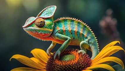 Obraz premium Macro shots, Beautiful nature scene , baby green chameleon sitting on flower in a summer garden.
