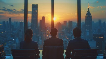Naklejka premium silhouetted businessmen stand before a glass window, looking out at a city's skyline bathed in the warm hues of sunset. 