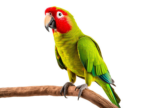 a green parrot with red face on a branch