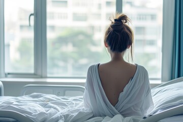 Patient woman sitting on bed in hospital hopeful for better days looking out the window - Powered by Adobe