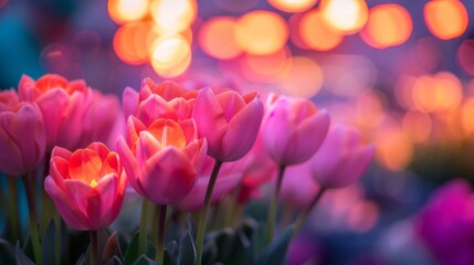 A bed of radiant tulips in full bloom with a dreamy backdrop of blurry lights, symbolizing spring and natural beauty.
