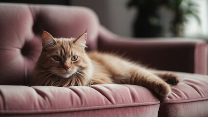 Adorable fluffy white cat in cozy home sitting on velvet sofa

