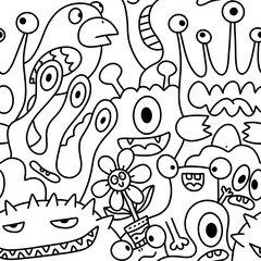 Cartoon monsters seamless funny aliens and rabbit and cactus and flower pattern for wrapping paper and linens