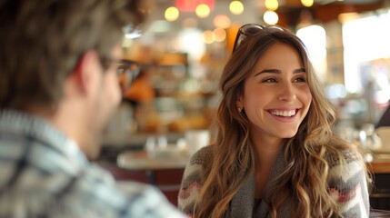 Obraz premium Happy young woman with a beaming smile engaging in a pleasant conversation at a warm, well-lit cafe.