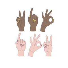 Fototapeta premium Female hand dark light skin peace victory ok gesture forefinger up vector illustration set isolated on white. Groovy disco human arms communication print collection.