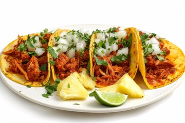 Mexican pork tacos Al pastor with pineapple on a white background