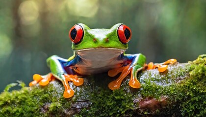 Red-eyed tree frog closeup on leaves, Red-eyed tree frog (Agalychnis callidryas) looks over leaf edge
