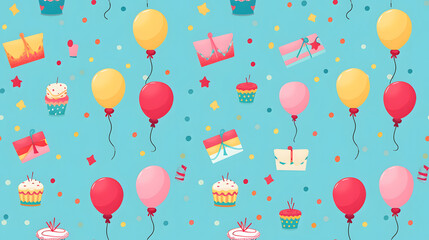 Birthday assortments and baloons seamless background tile design - light blue background