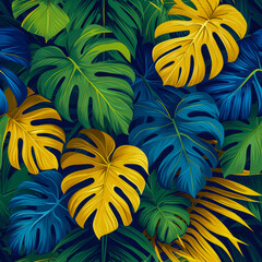 Fototapeta na wymiar Leaves tropical rainforest, as frameless background, ai generated