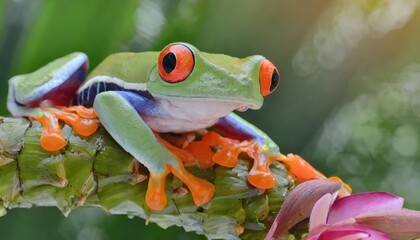 Naklejka premium Red-eyed tree frog closeup on leaves, Red-eyed tree frog (Agalychnis callidryas) looks over leaf edge