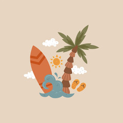 vector surfboard and palm tree - 734962986